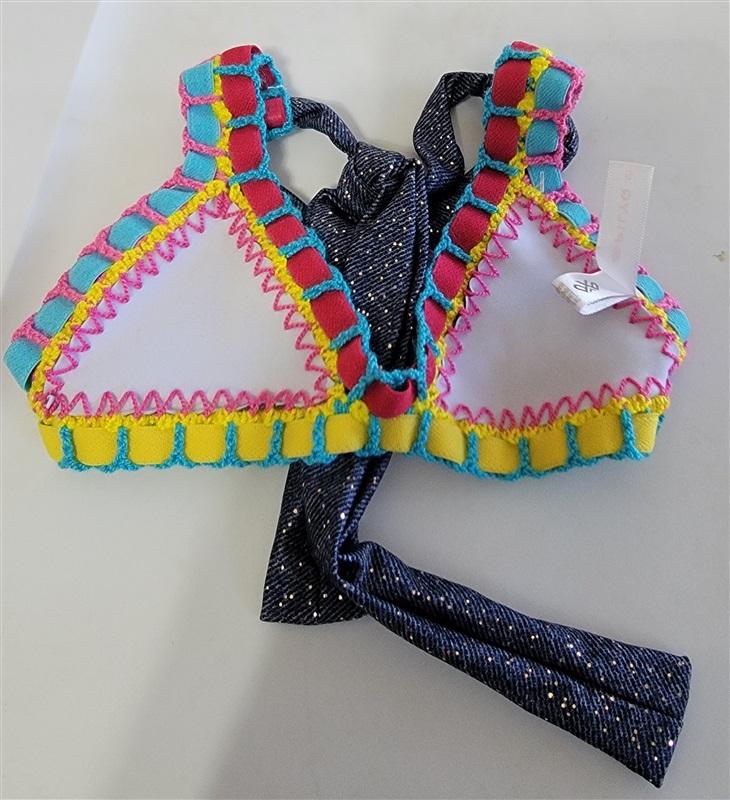 NWT Pilyq Girls 6 Crochet Trim Triangle Bikini Swim Top Sparkle Denim 115175
