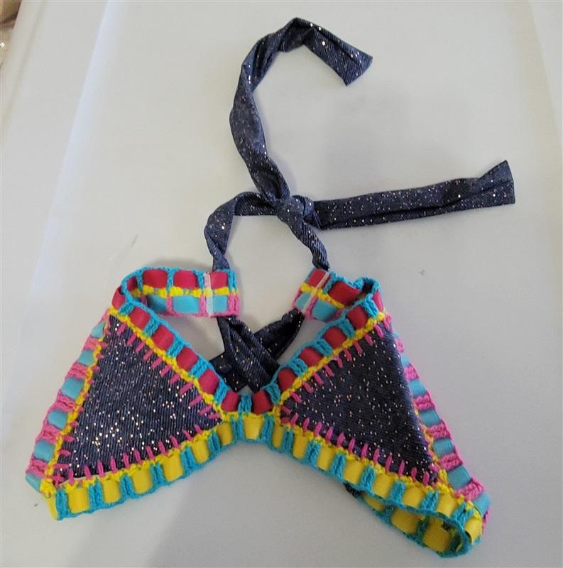 NWT Pilyq Girls 6 Crochet Trim Triangle Bikini Swim Top Sparkle Denim 115175
