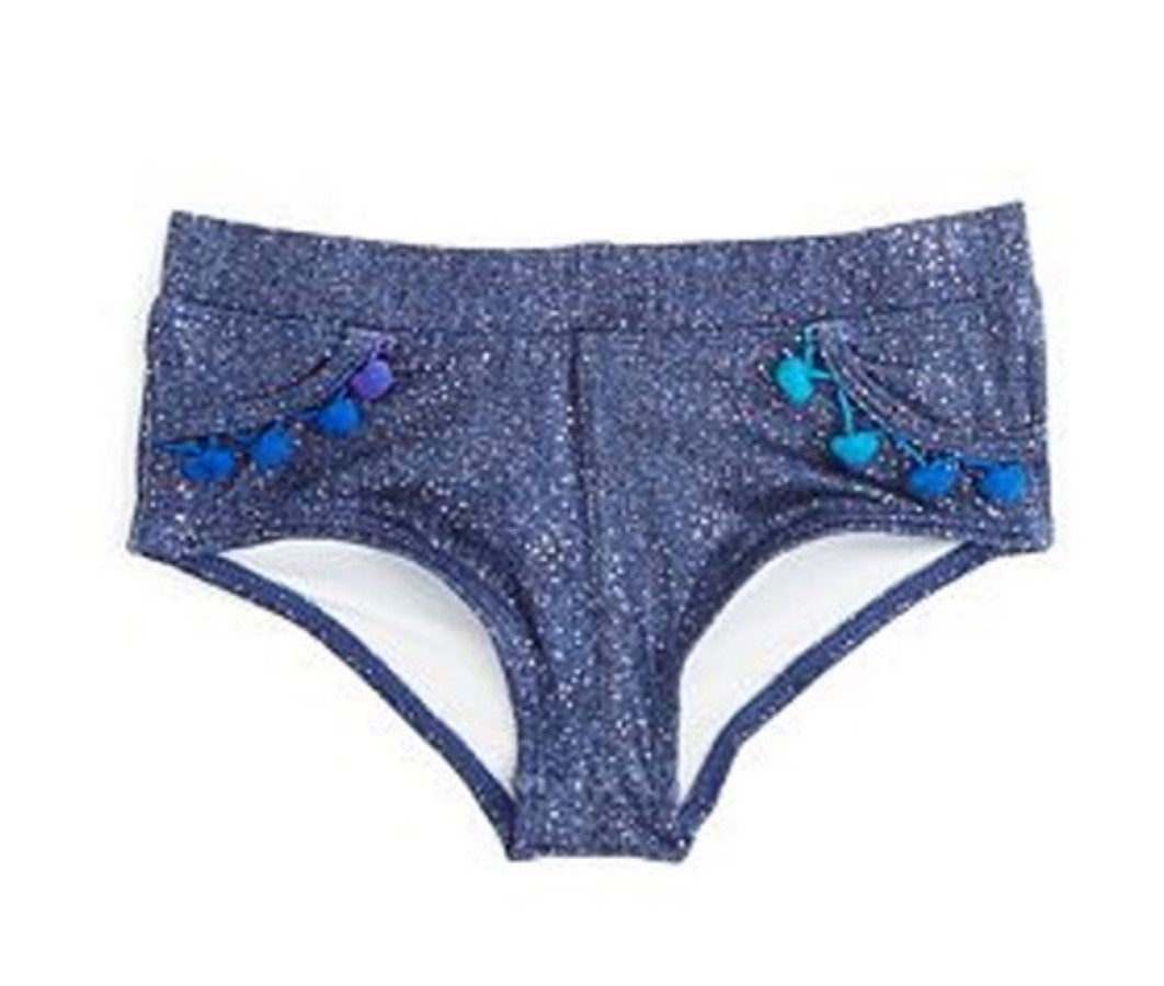 NWT PIlyq 8 Girls Sparkle Denim Pom Pom Bikini Bottom 115188