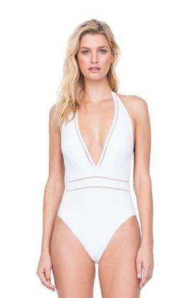 NWOT Gottex 10 Finesse Deep Plunge Halter 1PC White Swimsuit 115290