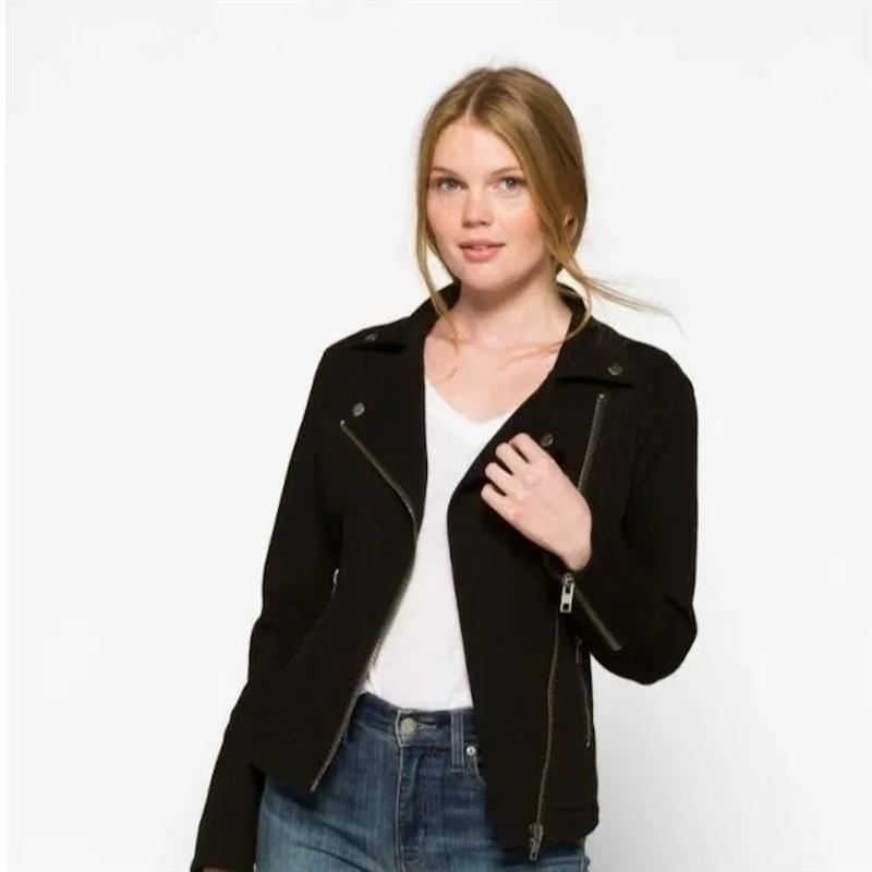 NWT Liverpool XS Bradford Moto Denim Jean Jacket Black Stretch Dark Wash 115293