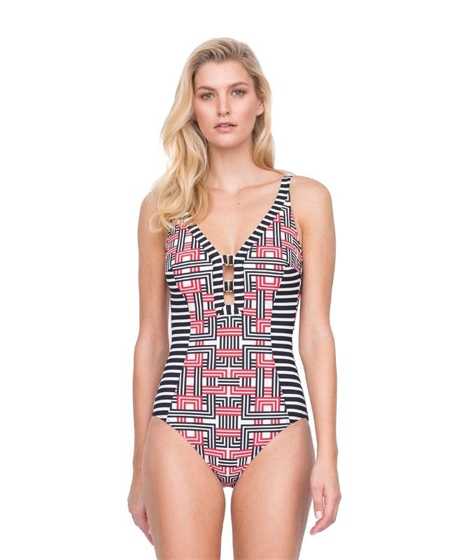 NWT Profile Gottex 8 RETRO CHIC V-NECK 1PC SWIMSUIT 115321
