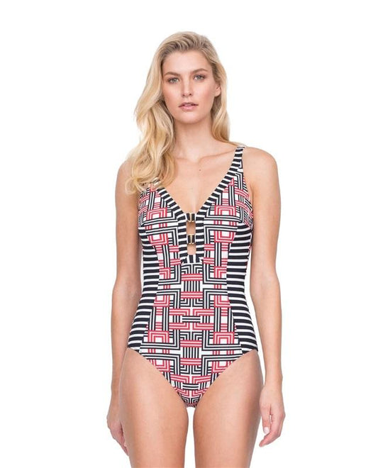 NWT Profile Gottex 8 RETRO CHIC V-NECK 1PC SWIMSUIT 115321