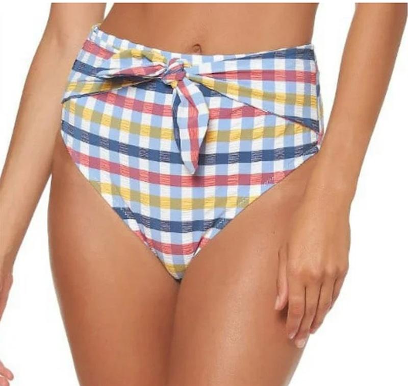 NWT Jessica Simpson Plaid Check Sauce M Tie High-Waist Bikini Swim Bottom 115479