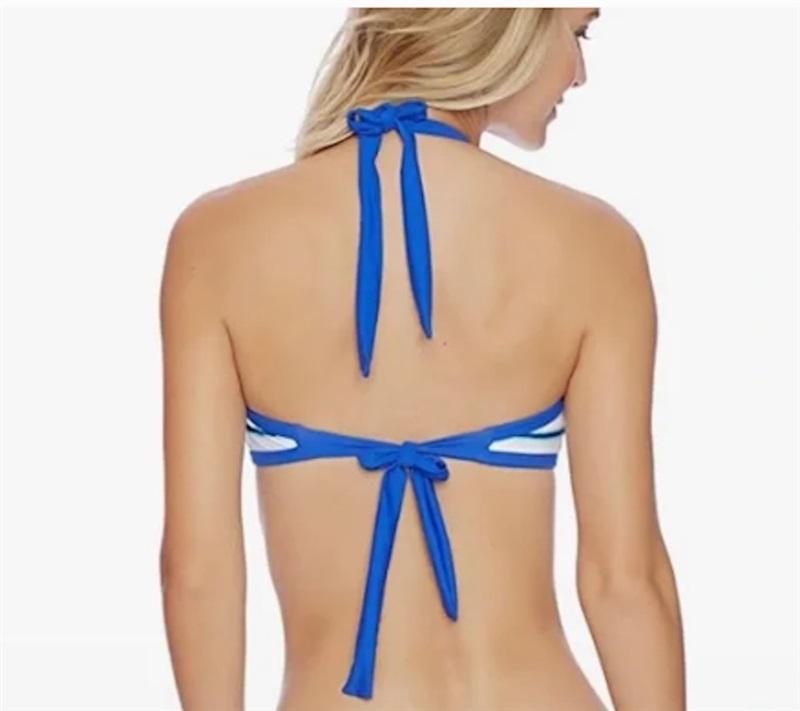 NWT Nautica M Hi Neck Stripe Blue White Bikini Swim Top #115529