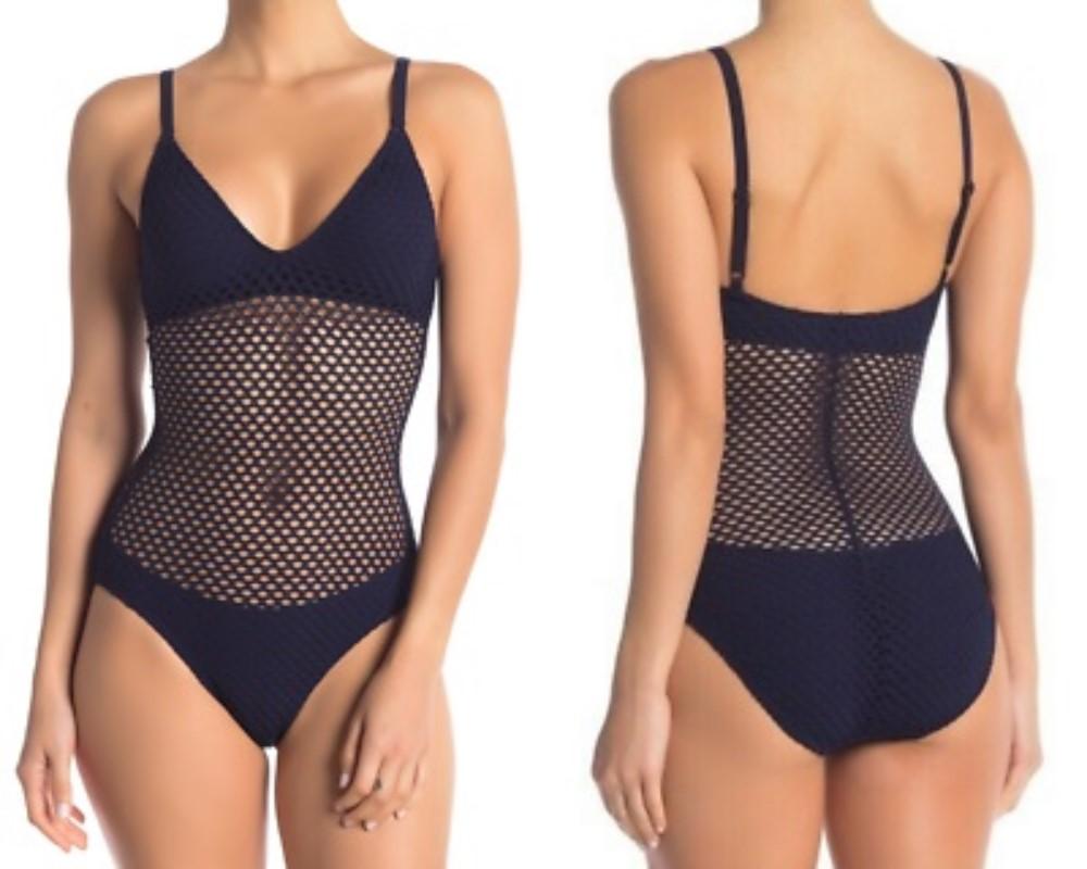NWT Robin Piccone 8 Crochet High-Neck 1PC Swimsuit Blue 115656