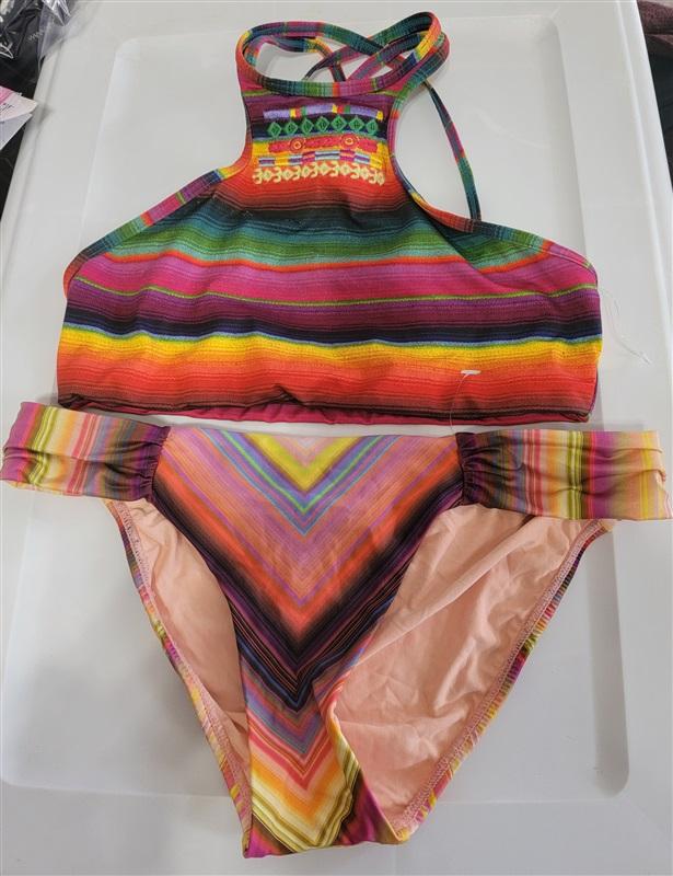 NWOT Pilyq High Neck Tribal Striped Ruched Cheeky SM Bikini Swim Set 115679