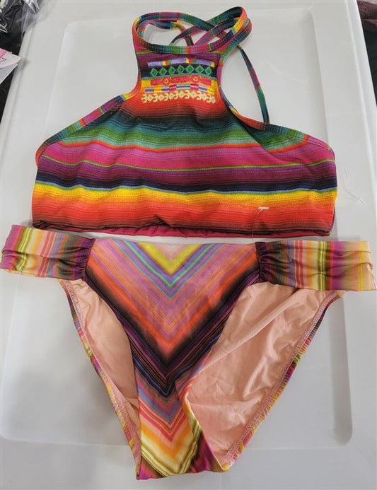 NWOT Pilyq High Neck Tribal Striped Ruched Cheeky SM Bikini Swim Set 115679