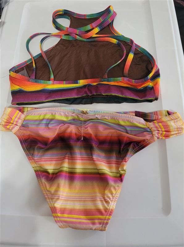 NWOT Pilyq High Neck Tribal Striped Ruched Cheeky SM Bikini Swim Set 115679