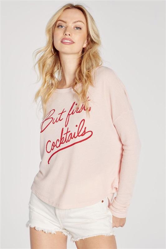NWOT Wildfox M But First Cocktails Sommers PINK Sweatshirt Flocked 115769