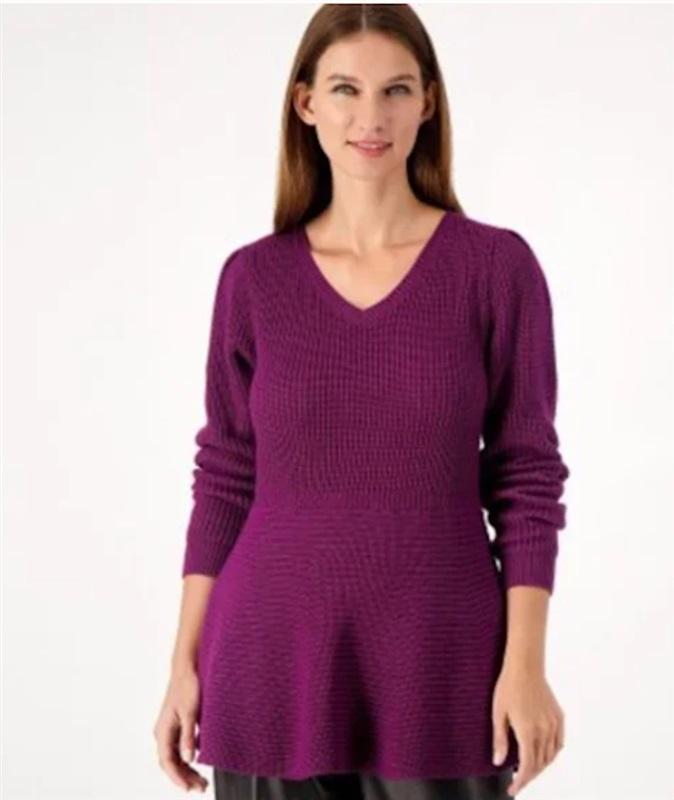NWT G.I.L.I. SM 3/4 Sleeve Scoop Neck Sweater Peplum Top Purple 115881