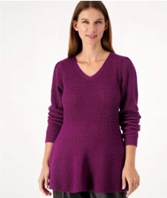 NWT G.I.L.I. SM 3/4 Sleeve Scoop Neck Sweater Peplum Top Purple 115881