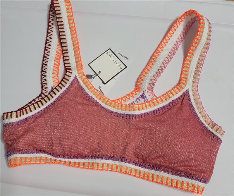 NWT Pilyq Platinum S TeaBerry Crochet Trim Sporty Bikini Swim Top #116053