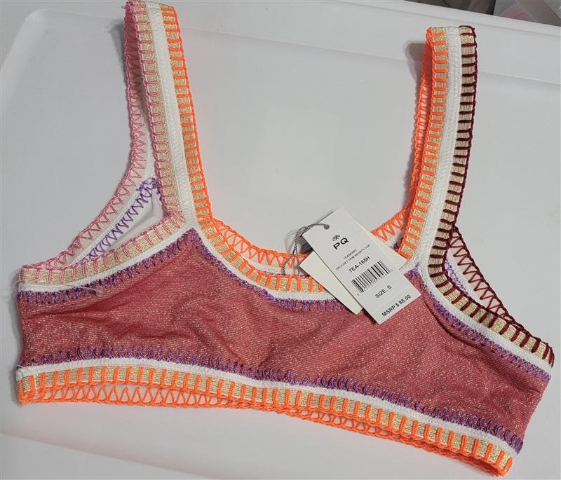 NWT Pilyq Platinum S TeaBerry Crochet Trim Sporty Bikini Swim Top #116053