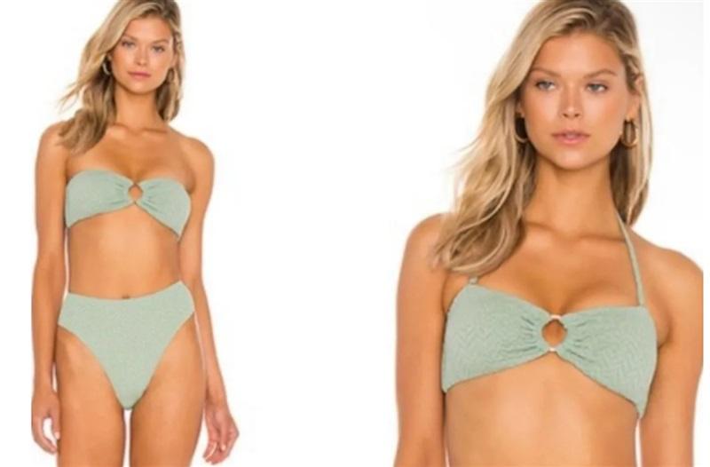 NWT Pilyq PQ Aquarius S Ring Bandeau Bikini Swim Top Green Gold Chevron 116123