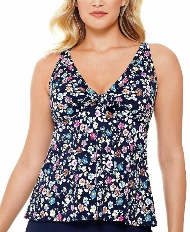NWT Swim Solutions 16 Ditsy Flower Bow Front Tankini Top Swimsuit 116236