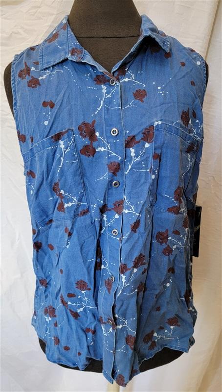 NWT Billy T Denim Red Roses Sleeveless Button Up Tank 116283