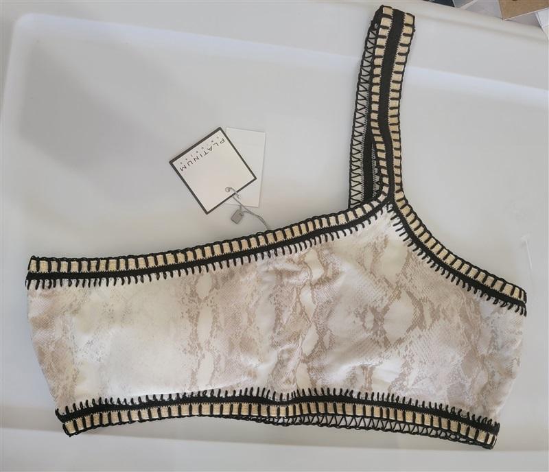 NWT Pilyq Platinum L KAA Crochet Trim 1 Shoulder Bandeau Bikini Swim Top 116358