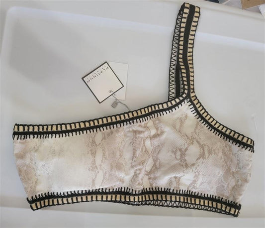 NWT Pilyq Platinum L KAA Crochet Trim 1 Shoulder Bandeau Bikini Swim Top 116358