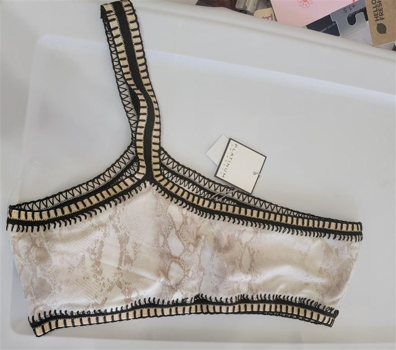 NWT Pilyq Platinum L KAA Crochet Trim 1 Shoulder Bandeau Bikini Swim Top 116358