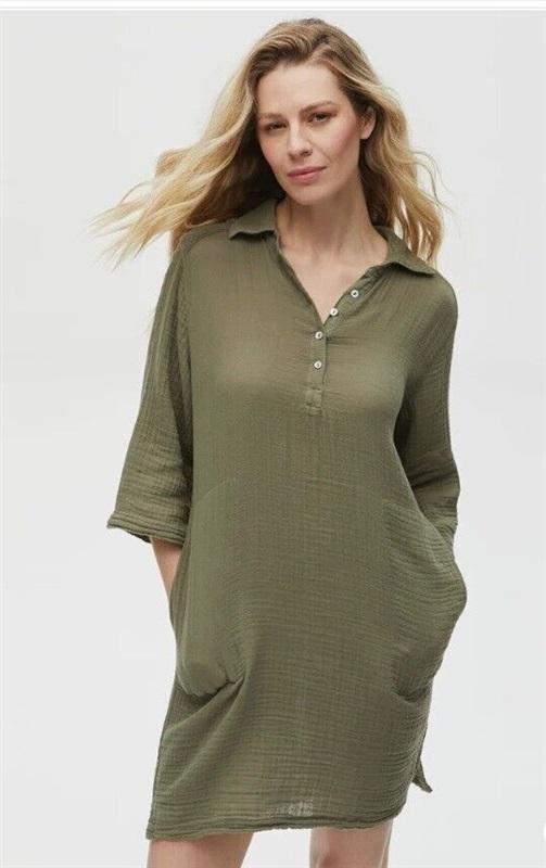 NWOT Michael Stars M Cecily Gauze Crinkle Dress Collared Olive Green 116581