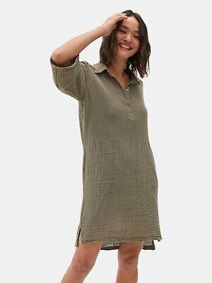 NWOT Michael Stars M Cecily Gauze Crinkle Dress Collared Olive Green 116581