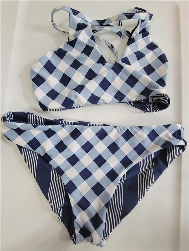NWT Splendid Girls 10 Gingham & Stripe Reversible Blue White Bikini 116793
