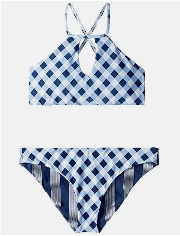 NWT Splendid Girls 10 Gingham & Stripe Reversible Blue White Bikini 116793