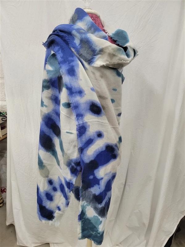 NWT Aqua Fringed Ink Blot BLue White Gray Scarf Wrap Bright Colors 116817