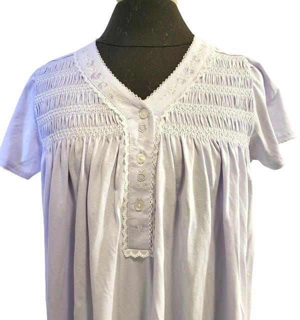 NWT Miss Elaine SM Knit V-Neck Smocked Short Sleeve Nightgown Lilac 116881