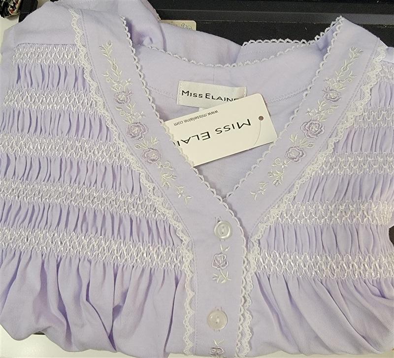 NWT Miss Elaine SM Knit V-Neck Smocked Short Sleeve Nightgown Lilac 116881