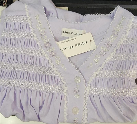 NWT Miss Elaine SM Knit V-Neck Smocked Short Sleeve Nightgown Lilac 116881