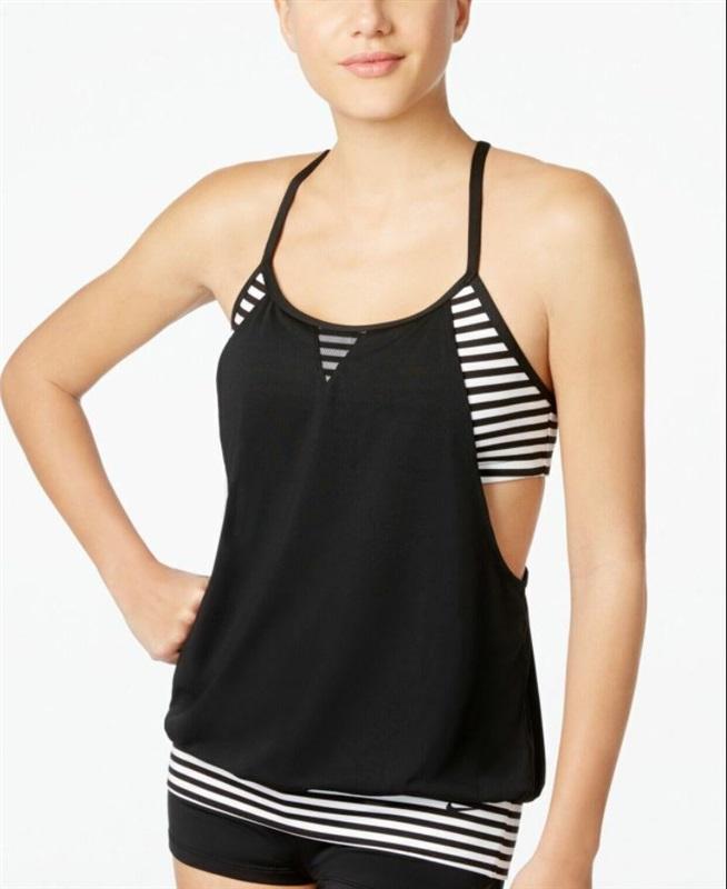 NWT Nike Open Back S Black White Stripe Layered Tankini Swim Top 117080