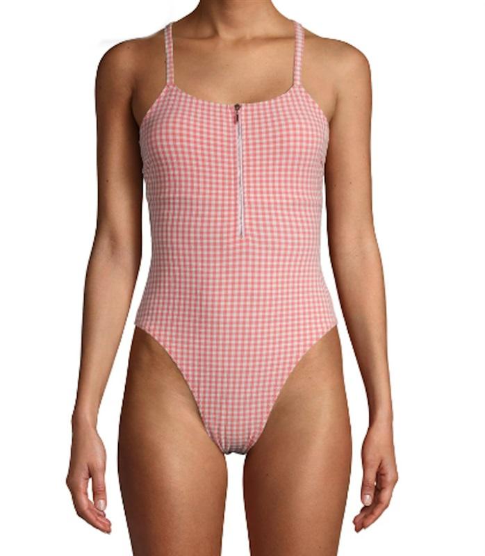 NWT Juicy Couture 12 Pink GINGHAM SEERSUCKER 1PC SWIMSUIT ZIPPER 117138