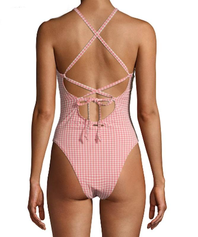 NWT Juicy Couture 12 Pink GINGHAM SEERSUCKER 1PC SWIMSUIT ZIPPER 117138
