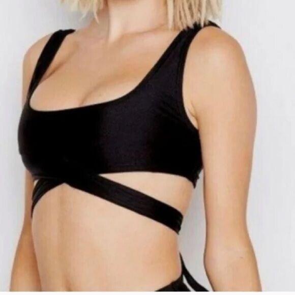 NWT Ris-k M Frolic Black Scoop Neck Wrap Bikini Swim Top 117246