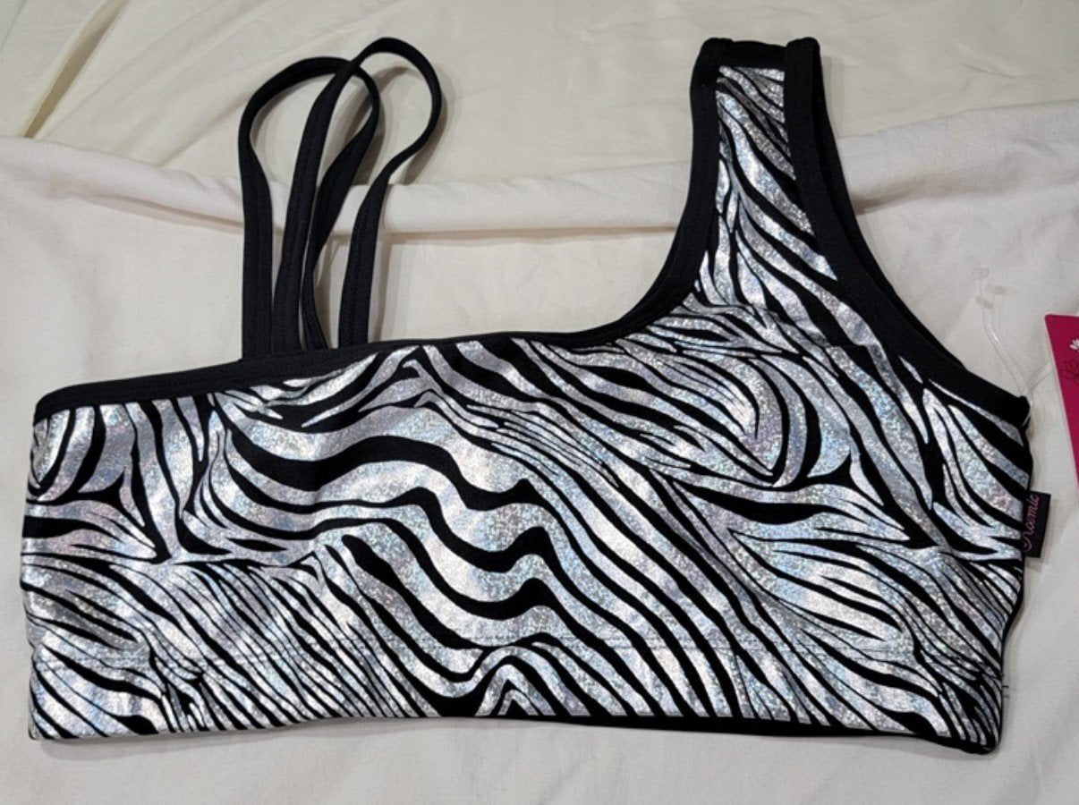 NWT Kos USA L 1 Shoulder Med-Impact Dance Sports Bra 7348 Glitter Zebra 117440