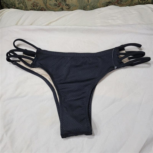 NWOT Volcom L Black Mesh Dot Strappy Cheeky Bikini Swim Bottoms 117466