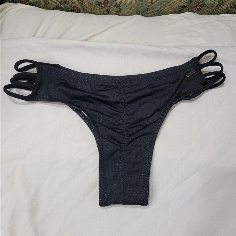 NWOT Volcom L Black Mesh Dot Strappy Cheeky Bikini Swim Bottoms 117466