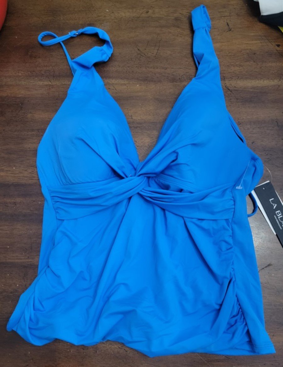 NWT La Blanca Island Goddess SZ 12 Solid Blue Twist Tankini Swim Top 117582