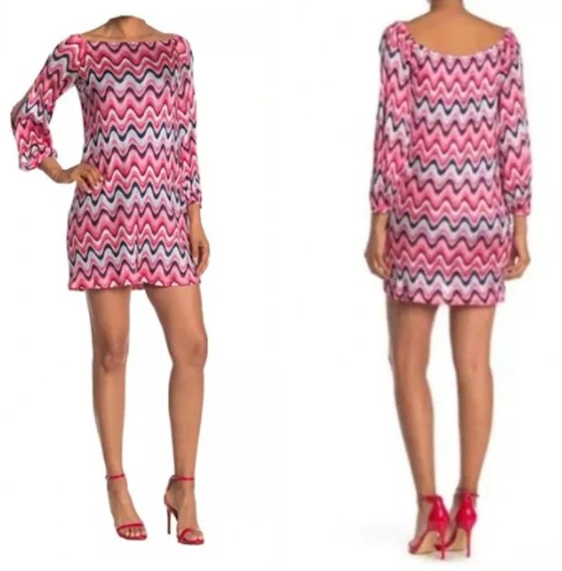 NWT Trina Turk 8 Fresh Dress Pink Blue Chevron Off Shoulder 117625