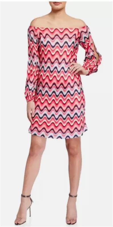 NWT Trina Turk 8 Fresh Dress Pink Blue Chevron Off Shoulder 117625