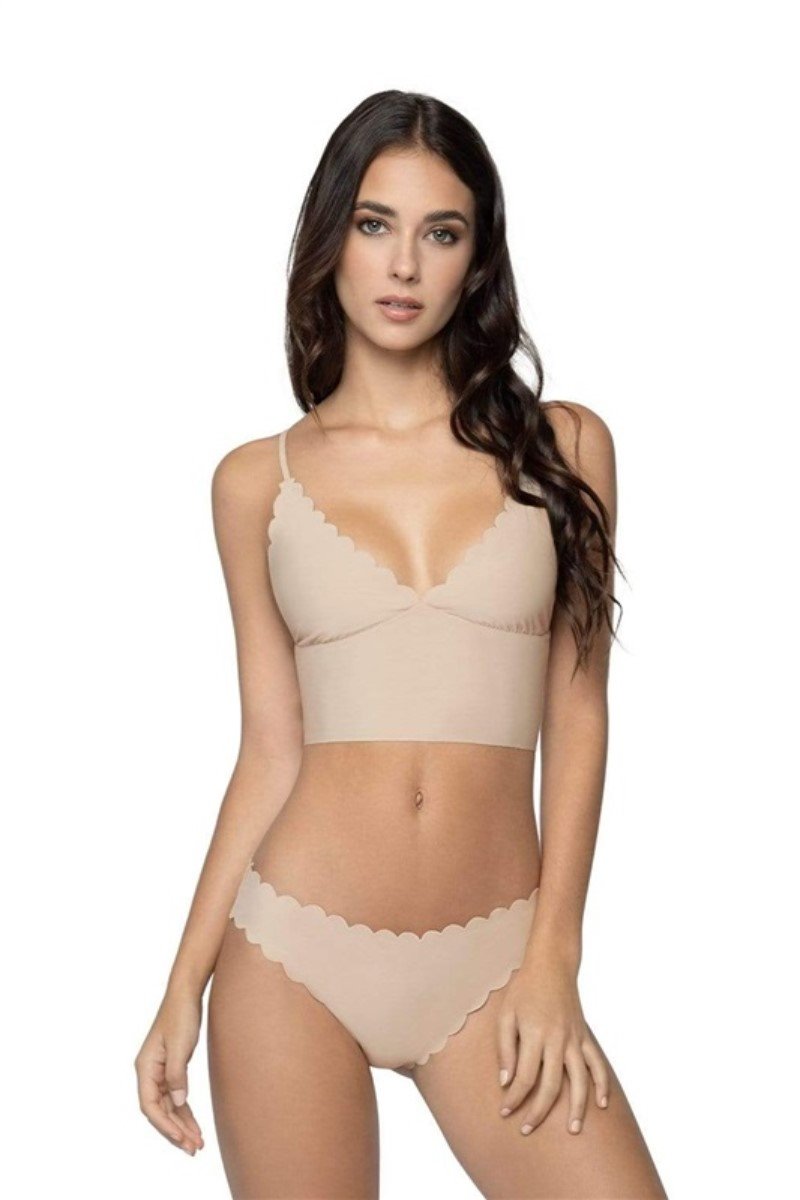 NWT Pilyq S Oyster Seamless Scalloped Thong Bikini Bottom Beige 117751
