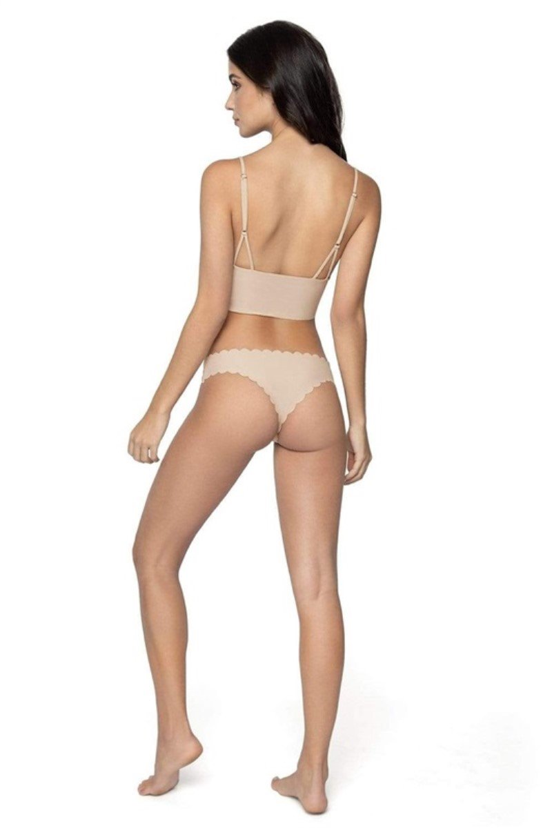 NWT Pilyq S Oyster Seamless Scalloped Thong Bikini Bottom Beige 117751