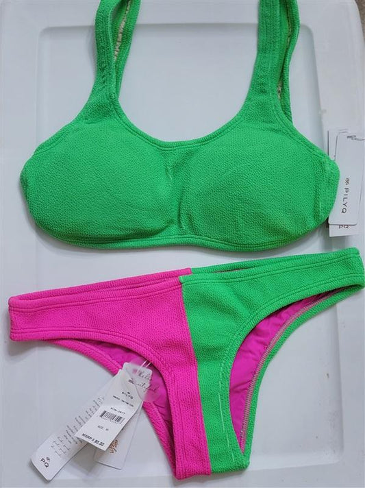 NWT PIlyq Kiwi Reef M Green Side Ring Swim Top + Two Tone Teeny Bottom 117864