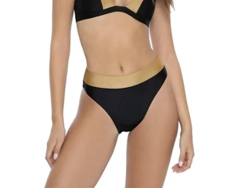NWT Anthropologie Pilyq S Cove High Waist Full Black Gold Bikini Bottom 118002