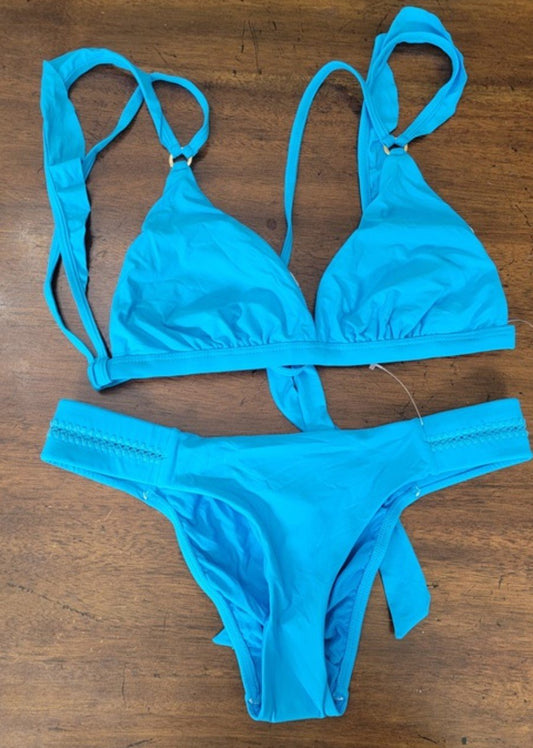 NWOT Pilyq S Tropics Blue Top Stitched Side Tab Blue Bikini Bottoms 118159