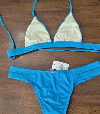 NWOT Pilyq XS Tropics Blue Top Stitched Side Tab Blue Bikini Bottoms S 118160
