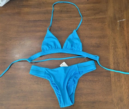 NWOT Pilyq XS Tropics Blue Top Stitched Side Tab Blue Bikini Bottoms S 118160