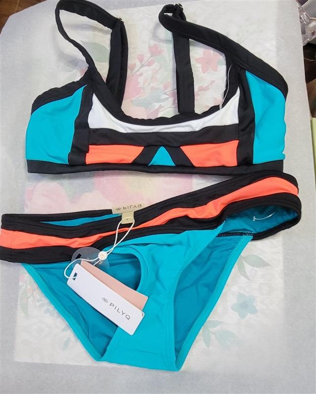 NWT Pilyq Lagoon S Color Block Scoop Bikini Swim Top & Bottom #118167